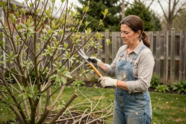 Femme taillant un seringat en fin d'hiver avant le débourrement dans un jardin de banlieue