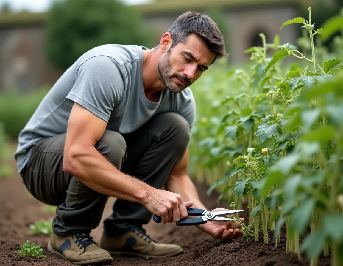 Jardinier qui taille des pieds de tomates non tuteurés avec un sécateur dans un grand potager en pleine terre