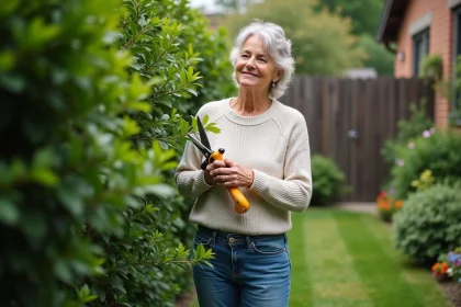 Femme taillant un laurier dans un jardin serein