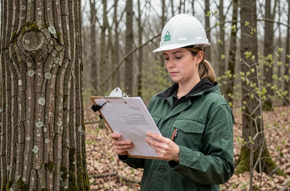 Technicienne forestière consultant des documents réglementaires au pied d'un chêne au début du printemps