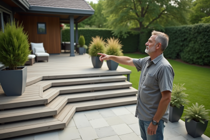 Homme d'âge moyen pointant vers une terrasse intermédiaire
