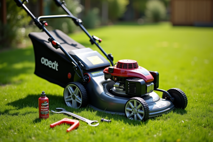 Tondeuse électrique sur pelouse bien tondue avec outils de maintenance