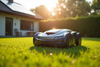 Tondeuse robotique moderne dans un jardin ensoleille avec panneaux solaires