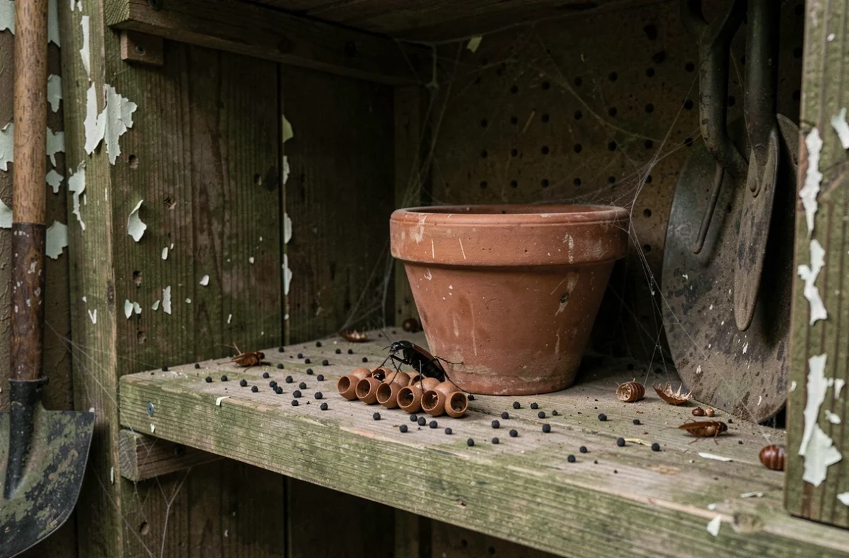 Intérieur d'un abri de jardin montrant des traces de cafards noirs : déjections, oothèques et insecte caché derrière un pot en terre cuite