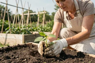 Femme qui transplante un plant de melon dans un potager en mai après les saints de glace