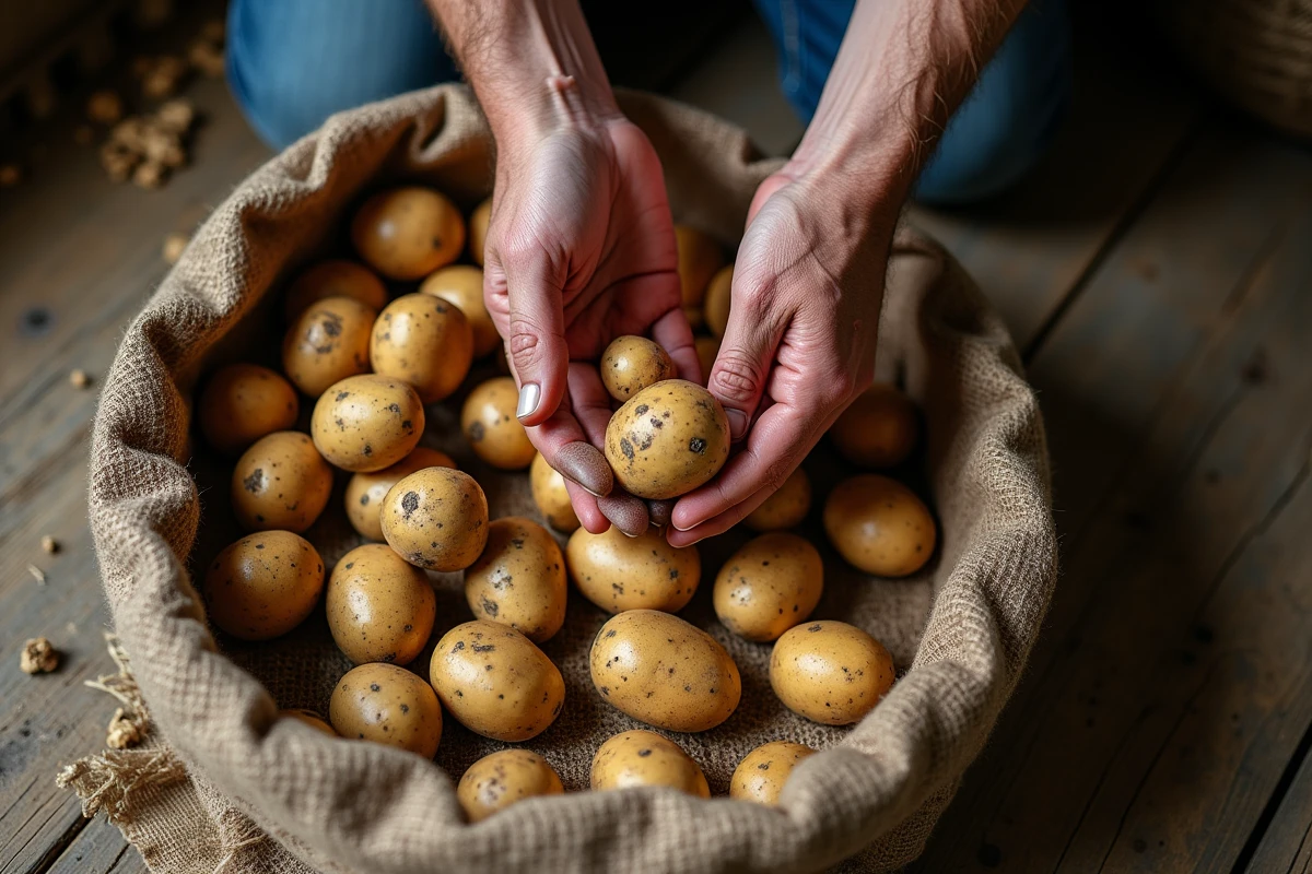 Mains d'un agriculteur triant des pommes de terre fraîchement arrachées sur une toile de jute dans une grange en pierre