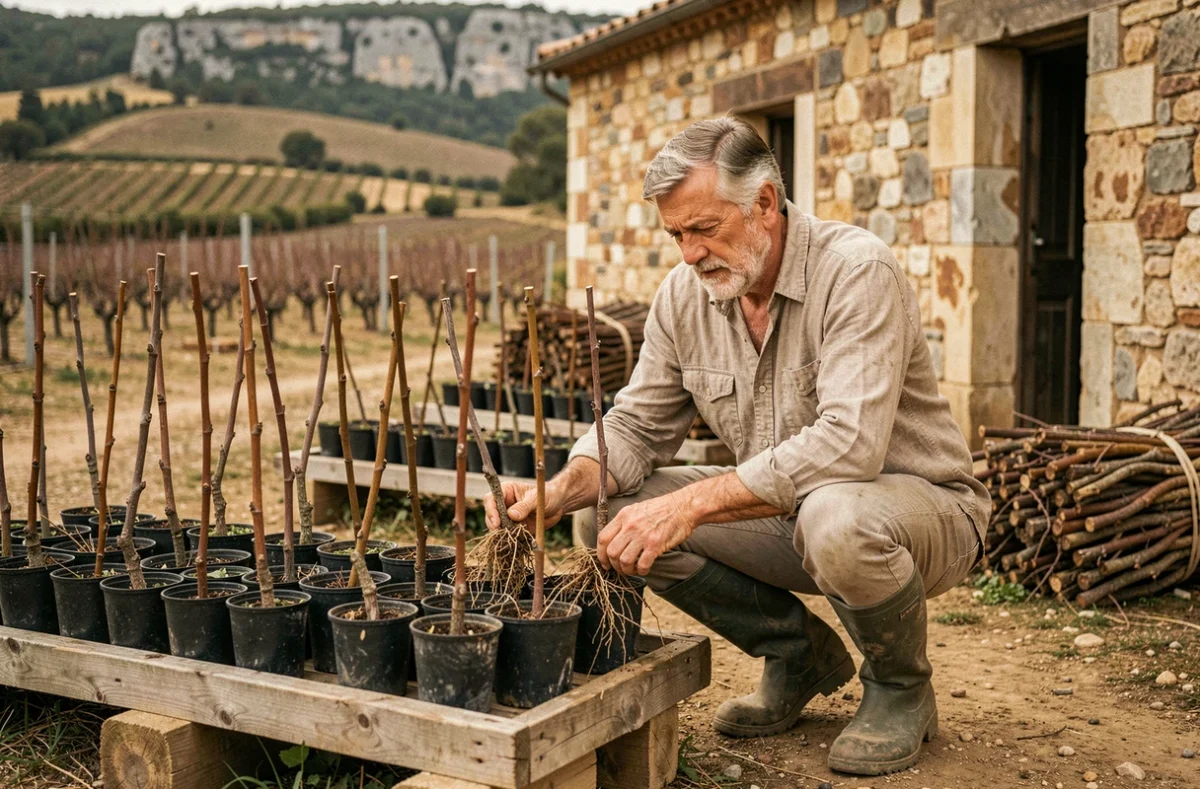 Viticabrol à Plaissan, pépinière viticole spécialisée dans les cépages de vigne avec boutures greffées sur bancs en bois et vignes en arrière-plan
