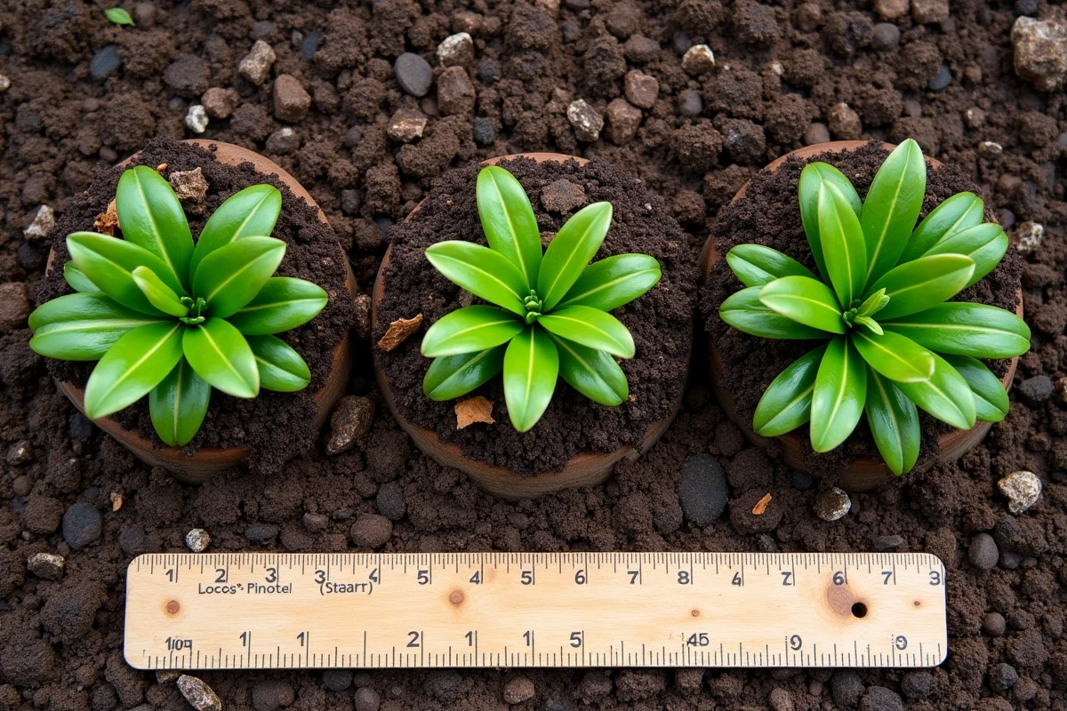 Vue en plongée de jeunes plants de pittosporum kohuhu espacés dans un sol de jardin préparé